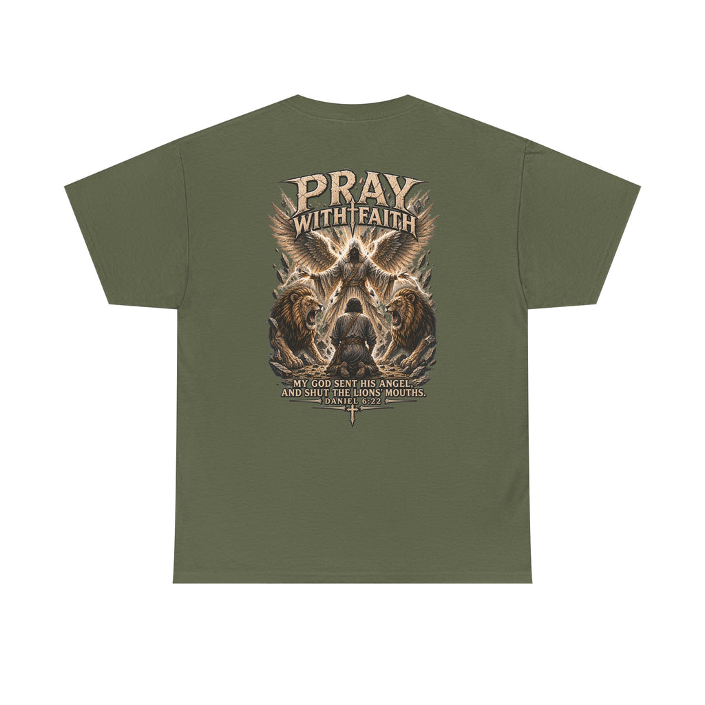 Pray With Faith Tee — Lion & Cross Christian Graphic T-Shirt