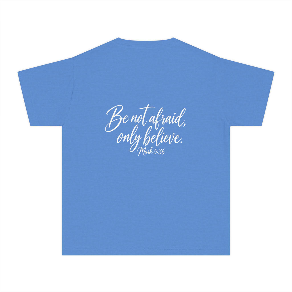 Faith Over Fear Youth Tee White lettering — Inspirational Christian Kids T‑Shirt (Be Not Afraid, Only Believe)