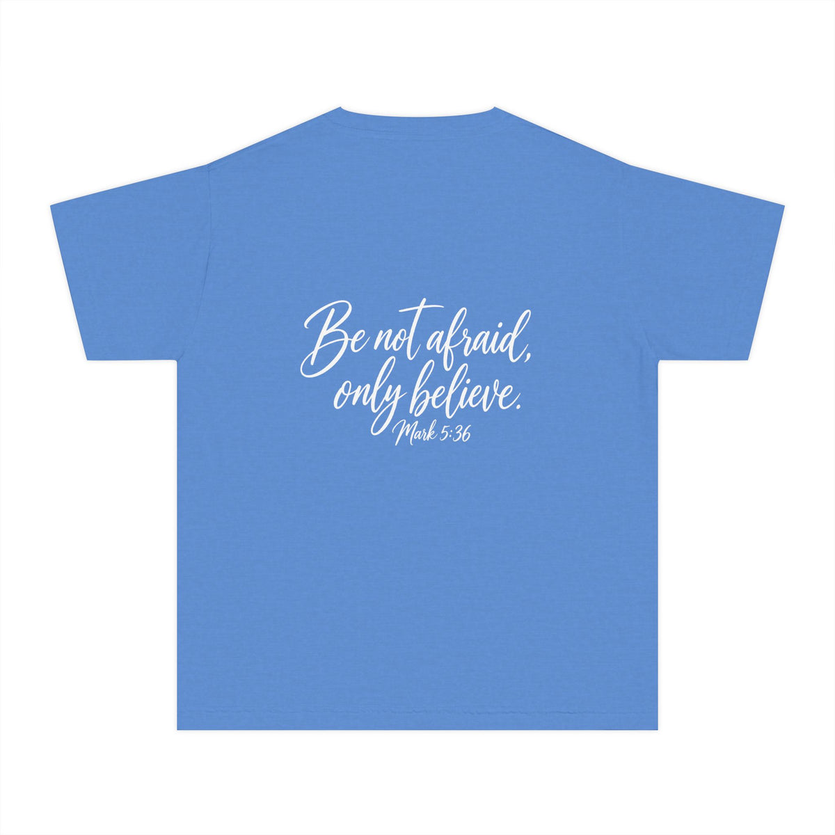 Faith Over Fear Youth Tee White lettering — Inspirational Christian Kids T‑Shirt (Be Not Afraid, Only Believe)