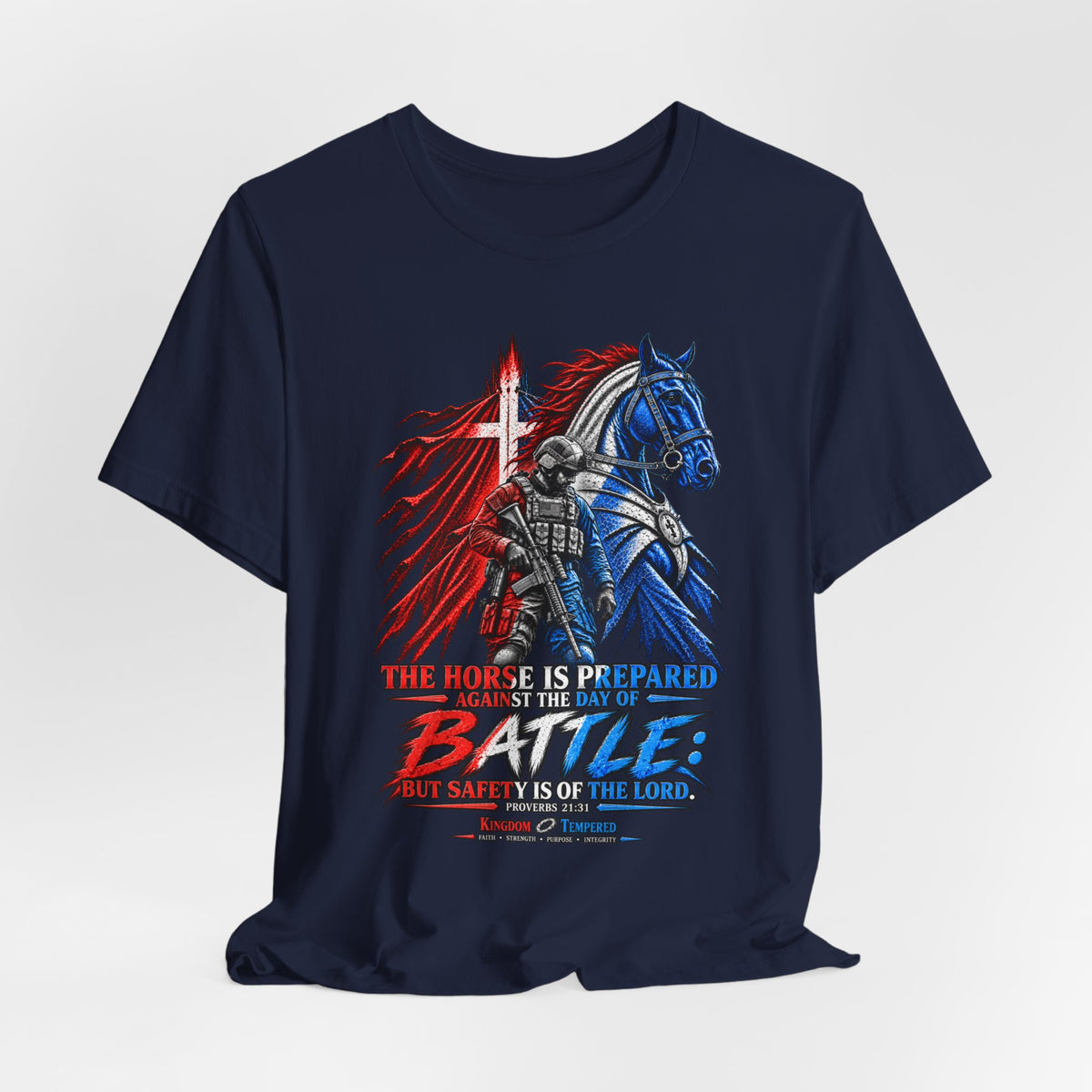 Battle Knight Tee — Patriotic Red & Blue Knight Horse Graphic T-Shirt