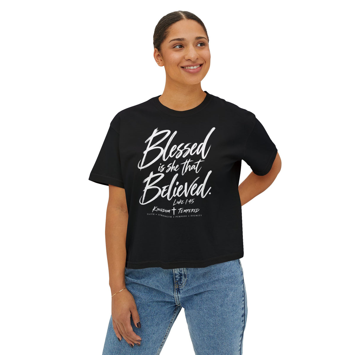 Blessed Is She That Believed Boxy Tee — Christian Scripture Women’s Crop Shirt
