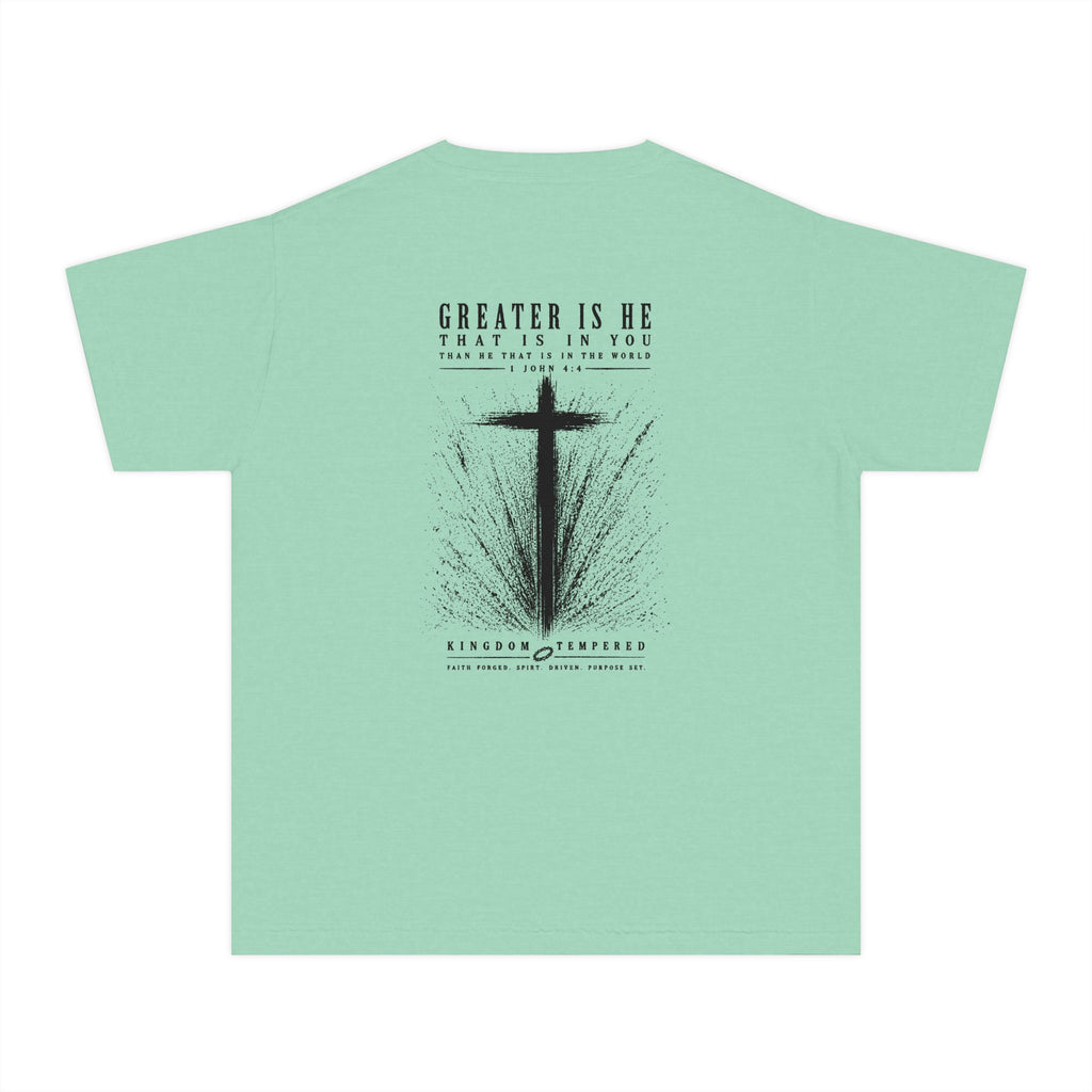Youth Christian Cross Tee — "Greater Is He" Inspirational Church Shirt