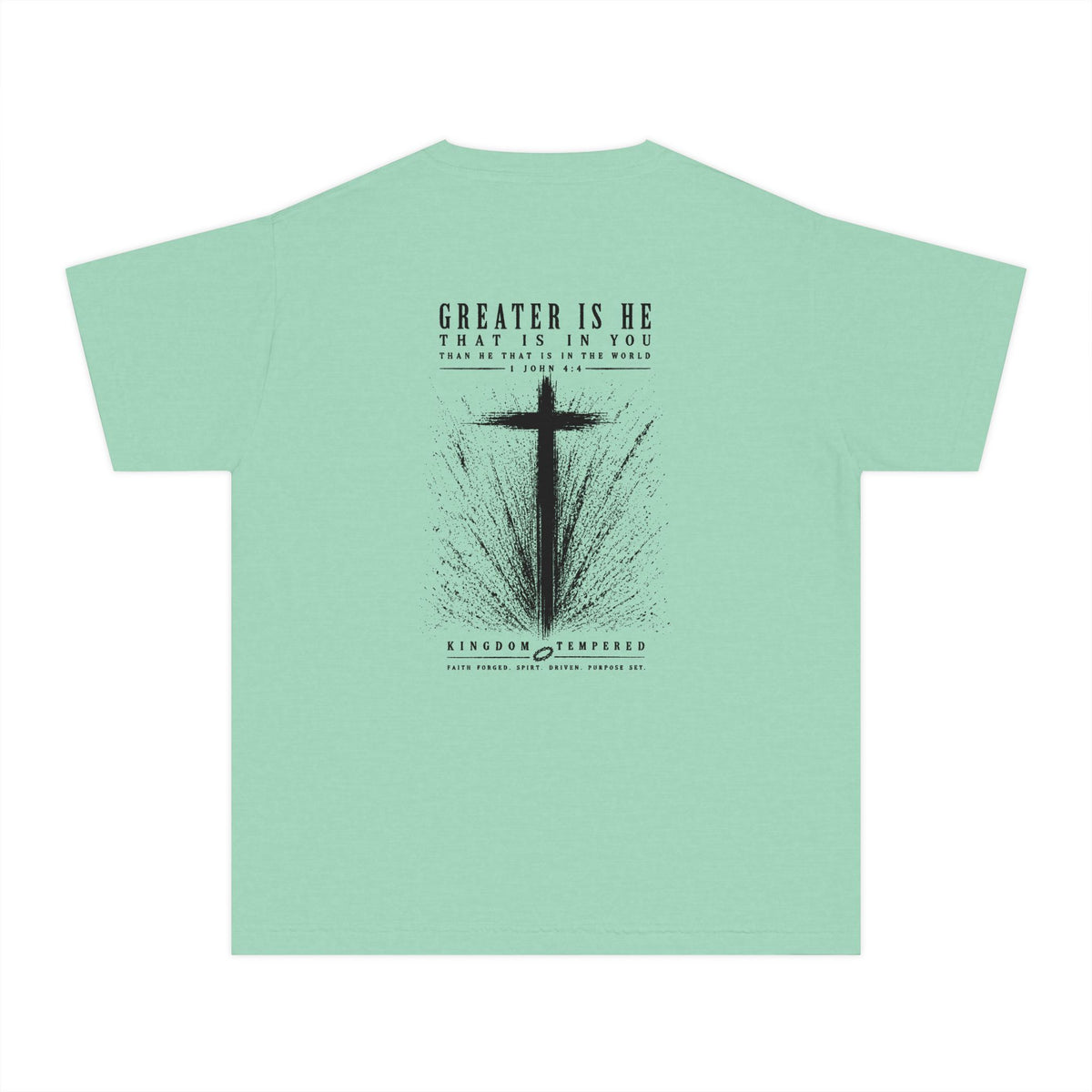 Youth Christian Cross Tee — "Greater Is He" Inspirational Church Shirt