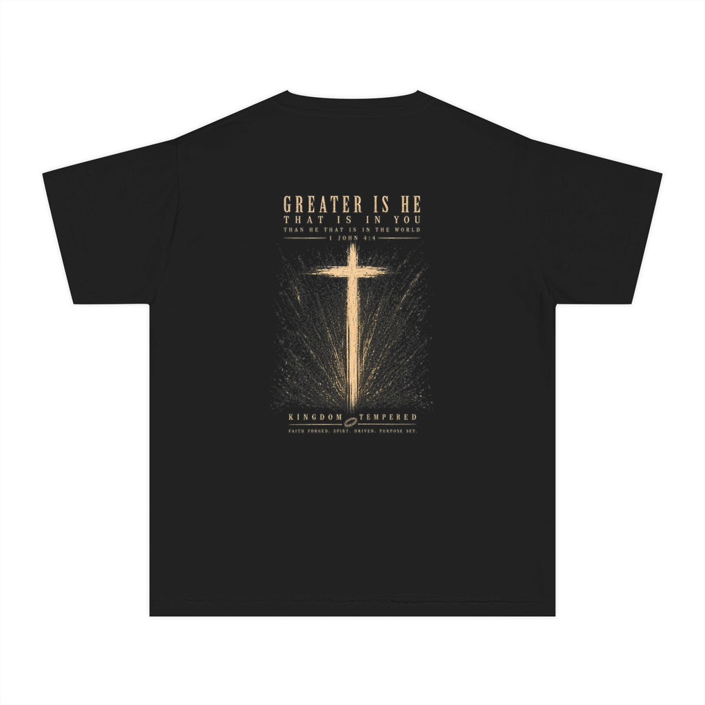 Youth Christian Cross Tee — "Greater Is He" Inspirational Church Shirt