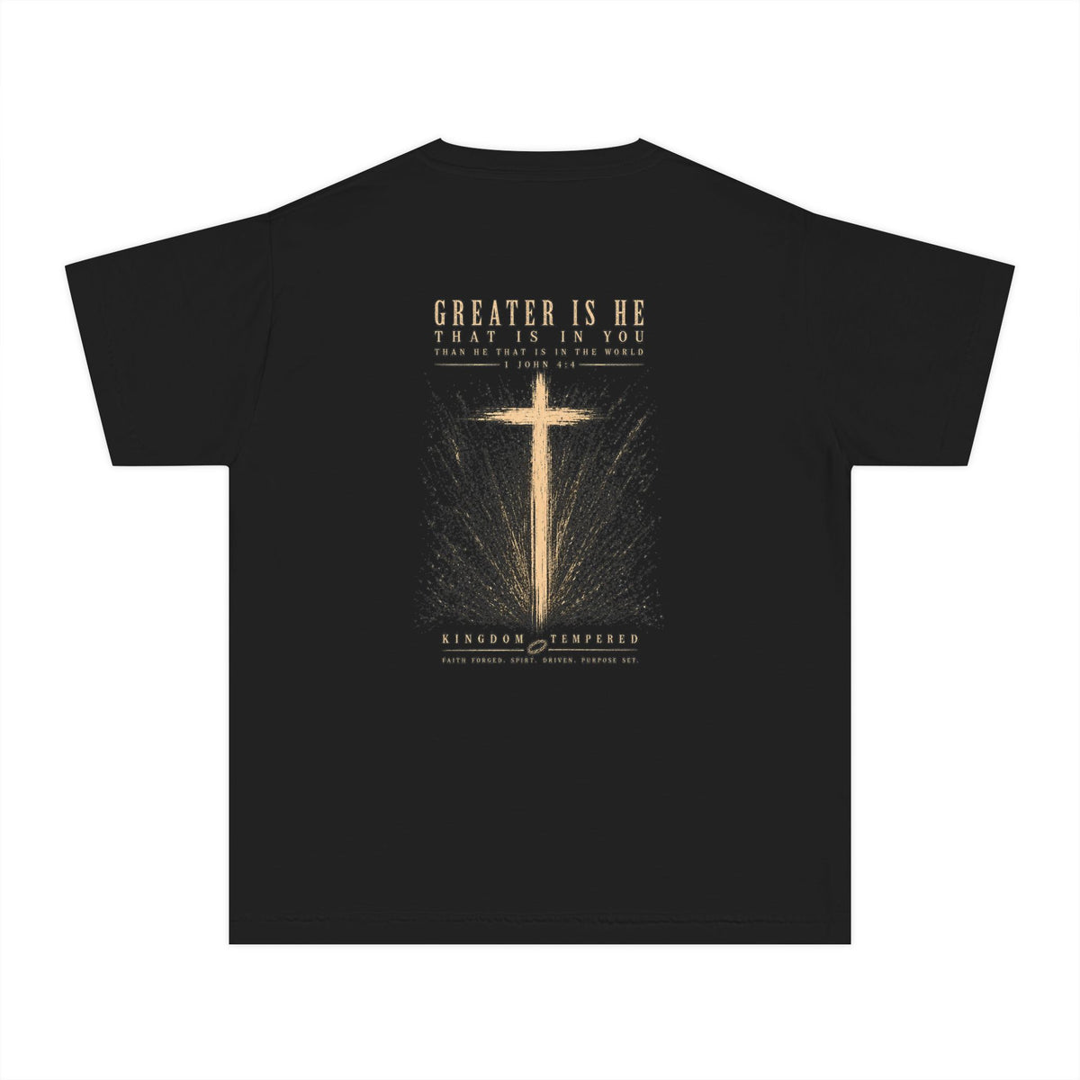 Youth Christian Cross Tee — "Greater Is He" Inspirational Church Shirt