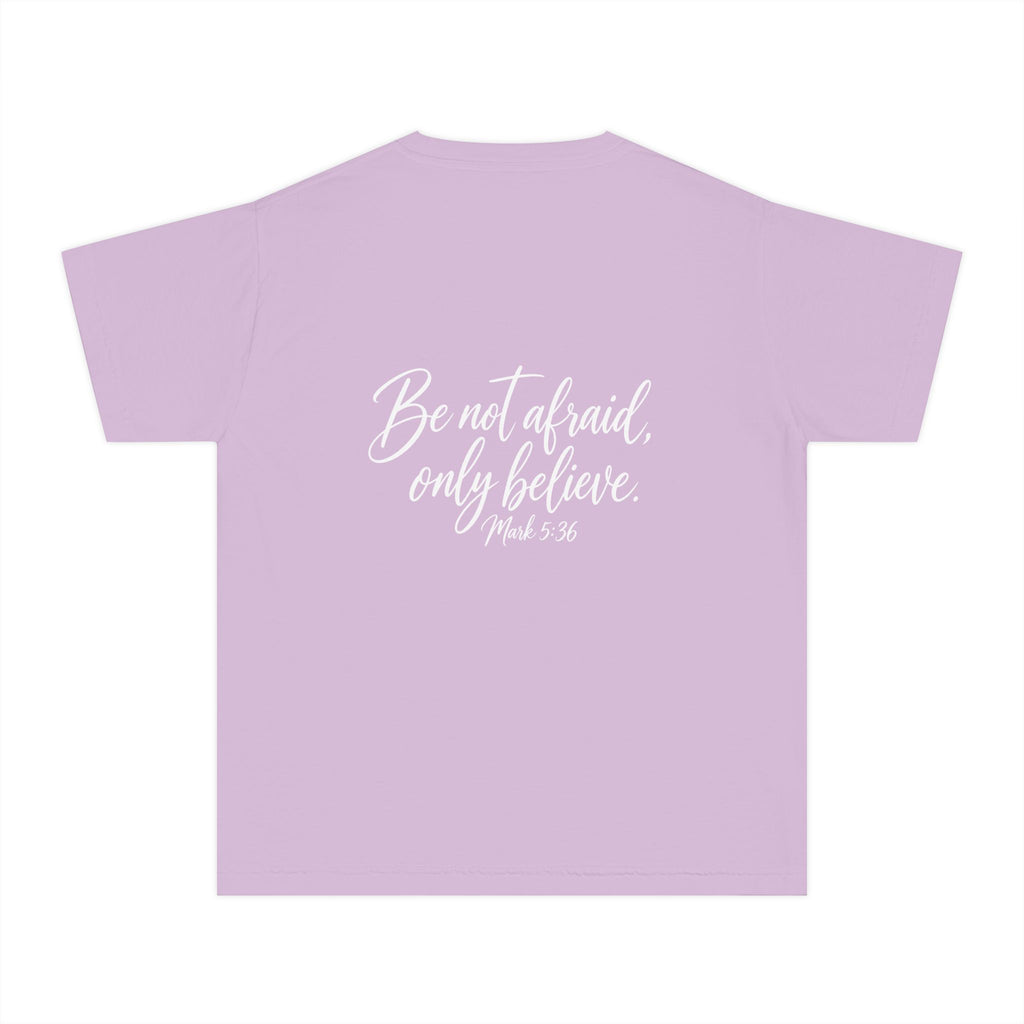 Faith Over Fear Youth Tee White lettering — Inspirational Christian Kids T‑Shirt (Be Not Afraid, Only Believe)