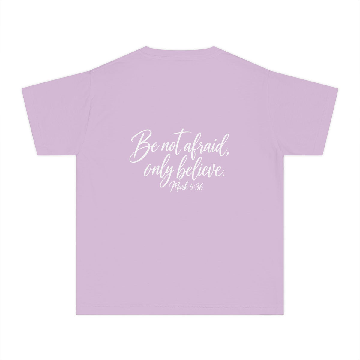 Faith Over Fear Youth Tee White lettering — Inspirational Christian Kids T‑Shirt (Be Not Afraid, Only Believe)