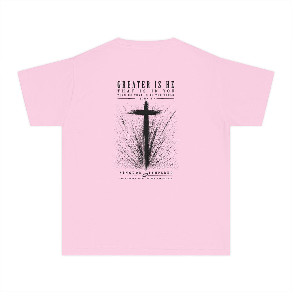 Youth Christian Cross Tee — "Greater Is He" Inspirational Church Shirt