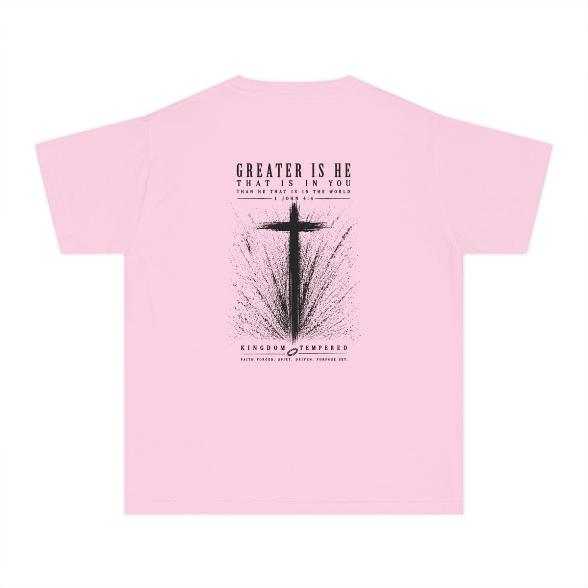 Youth Christian Cross Tee — "Greater Is He" Inspirational Church Shirt
