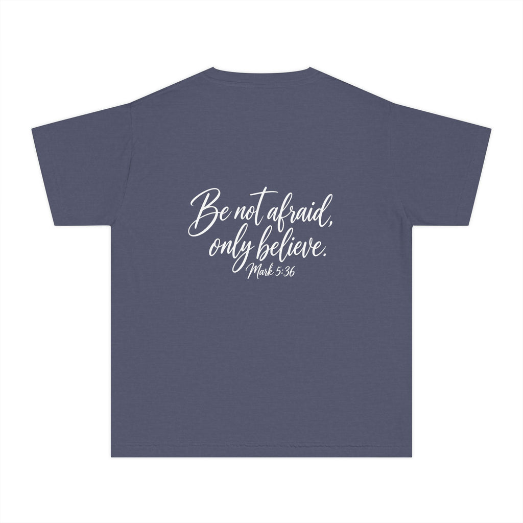 Faith Over Fear Youth Tee White lettering — Inspirational Christian Kids T‑Shirt (Be Not Afraid, Only Believe)