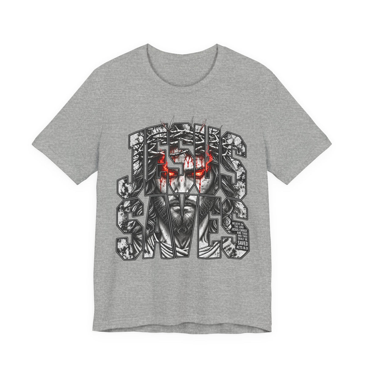 Jesus Saves Graphic Tee — Gothic Jesus Face Typography T-Shirt