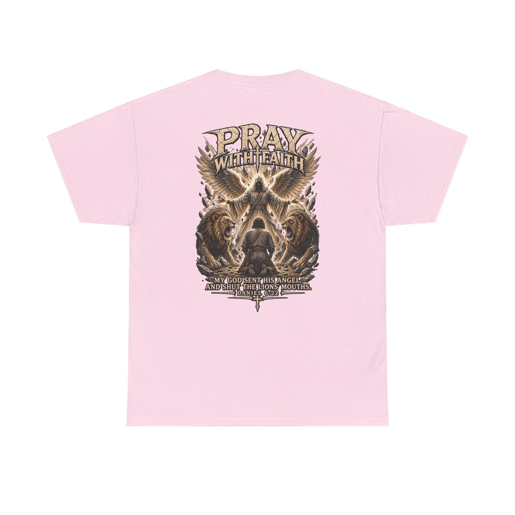 Pray With Faith Tee — Lion & Cross Christian Graphic T-Shirt