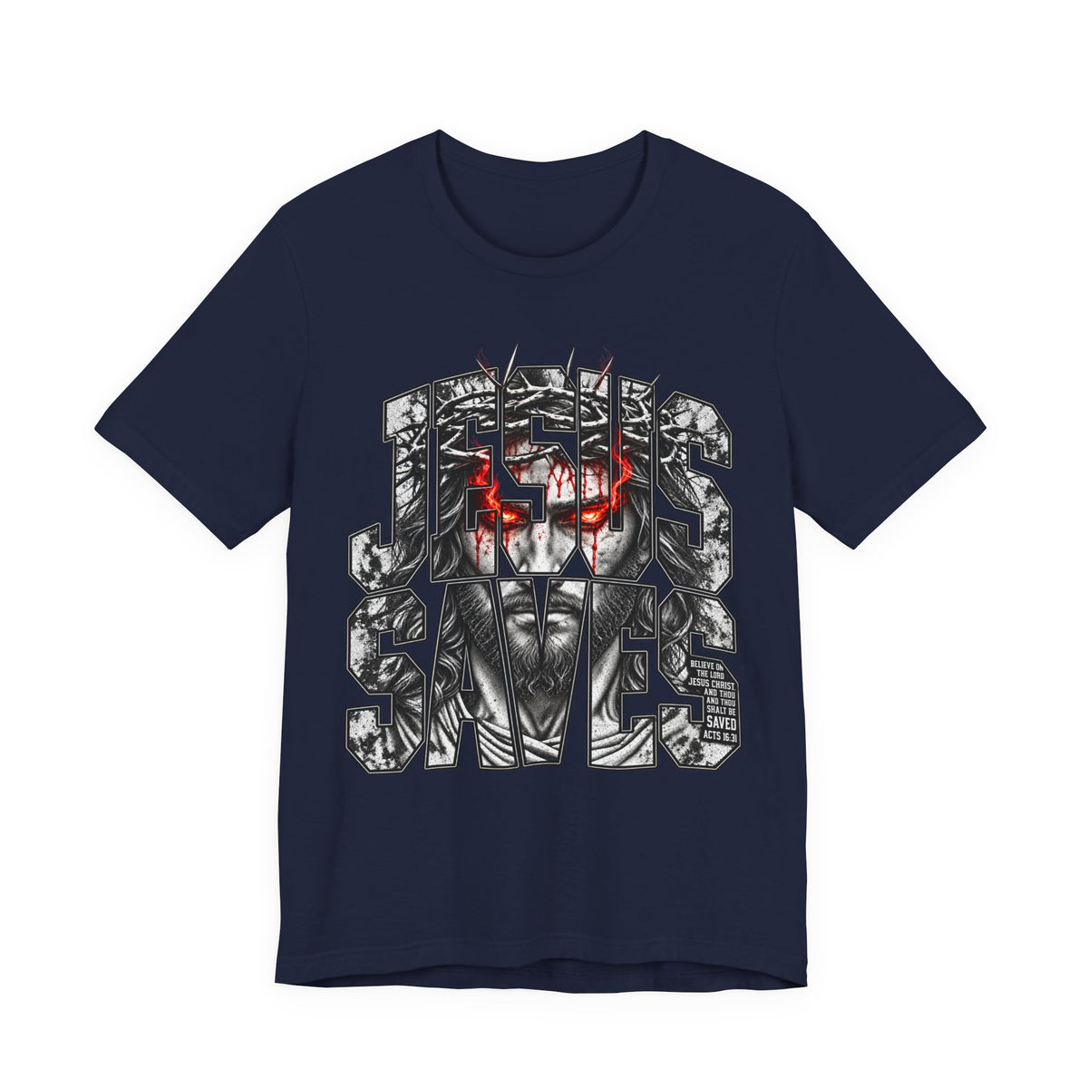 Jesus Saves Graphic Tee — Gothic Jesus Face Typography T-Shirt