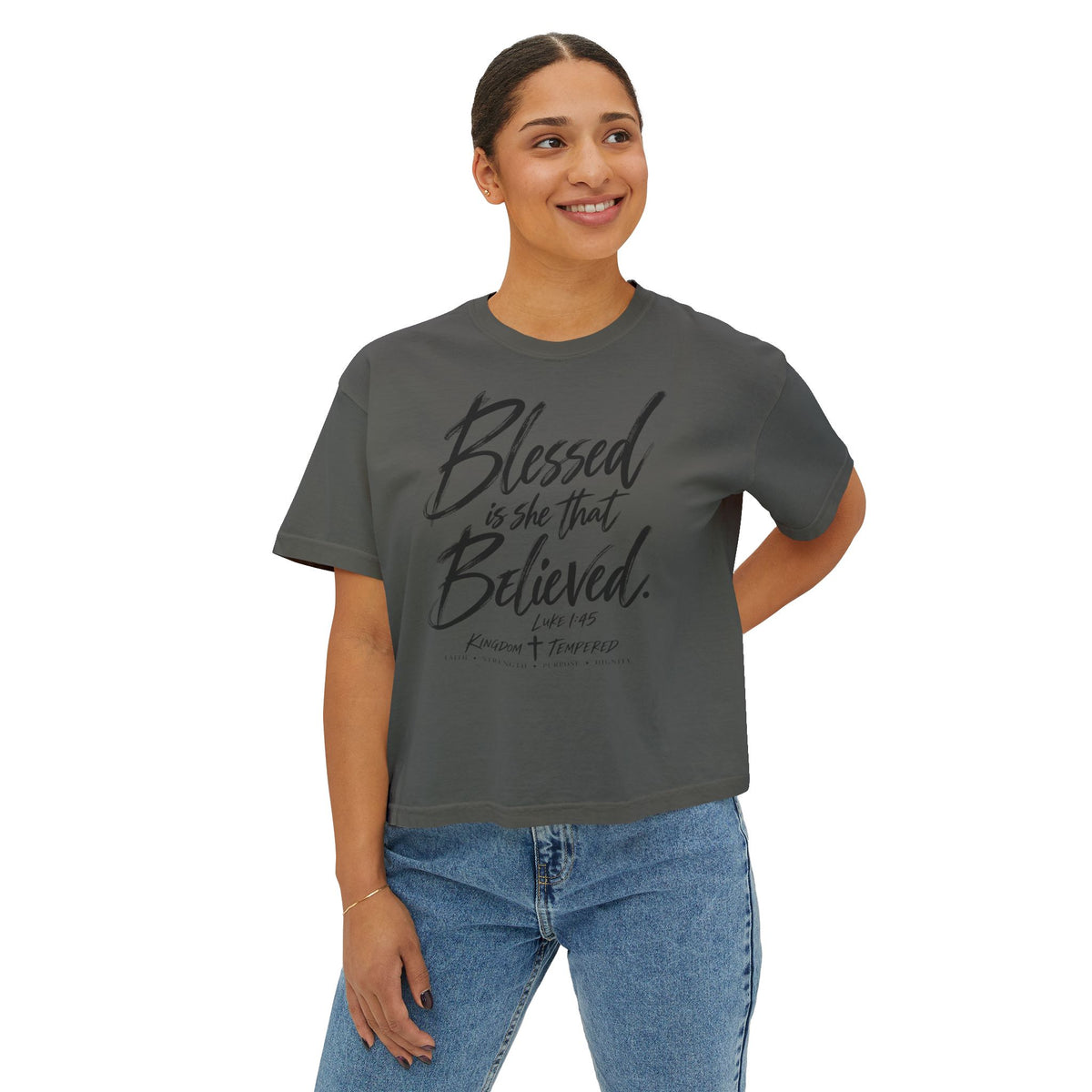 Blessed Is She That Believed Boxy Tee — Christian Scripture Women’s Crop Shirt