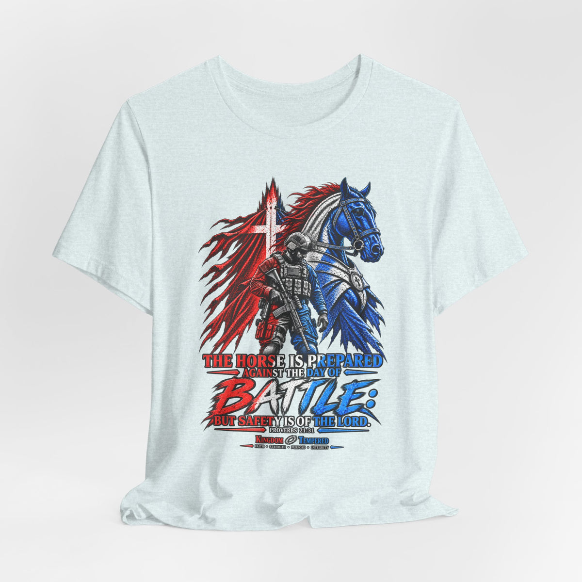 Battle Knight Tee — Patriotic Red & Blue Knight Horse Graphic T-Shirt