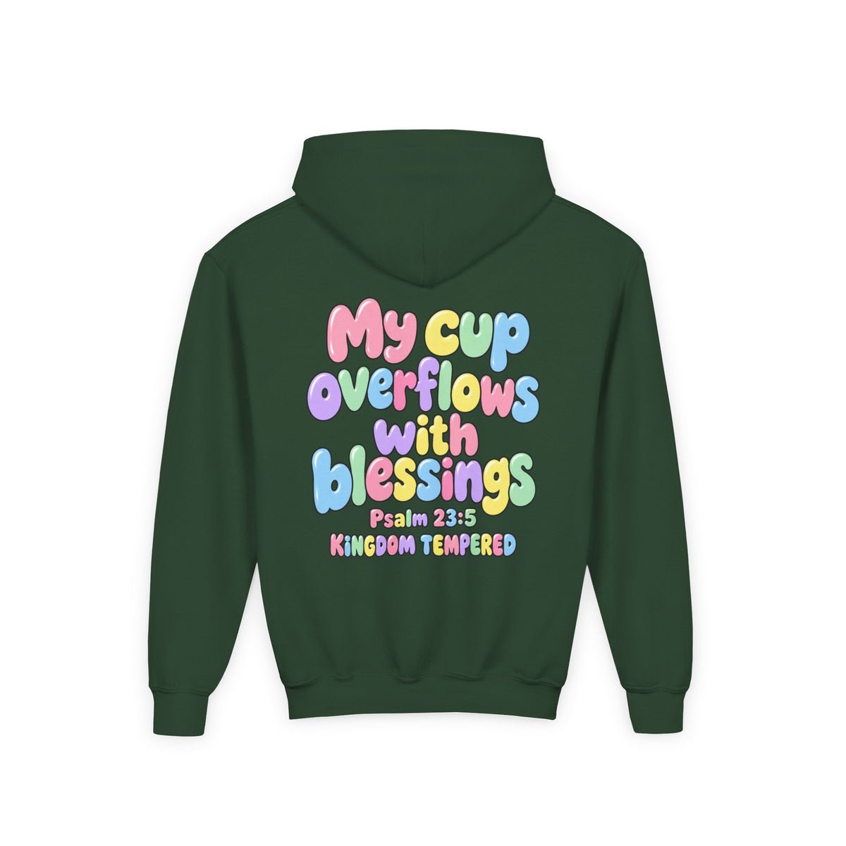 Youth Hoodie — "My Cup Overflows with Blessings" Pastel Christian Psalm 23:5 Design