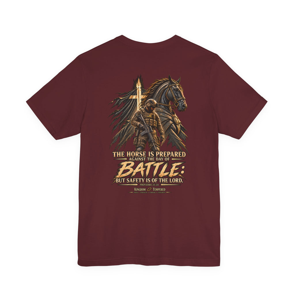 Battle-Ready Knight T-Shirt — 'The Horse Is Prepared for Battle' Christian Warrior Tee