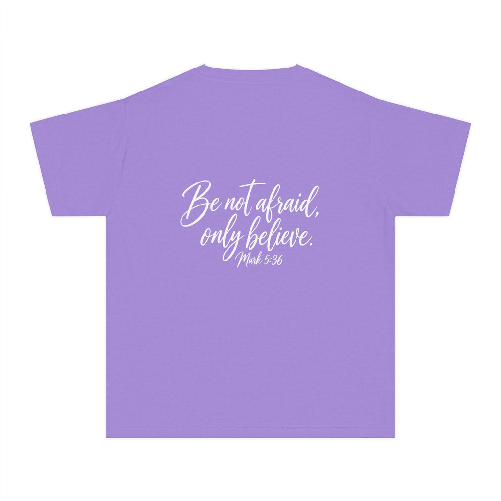 Faith Over Fear Youth Tee White lettering — Inspirational Christian Kids T‑Shirt (Be Not Afraid, Only Believe)