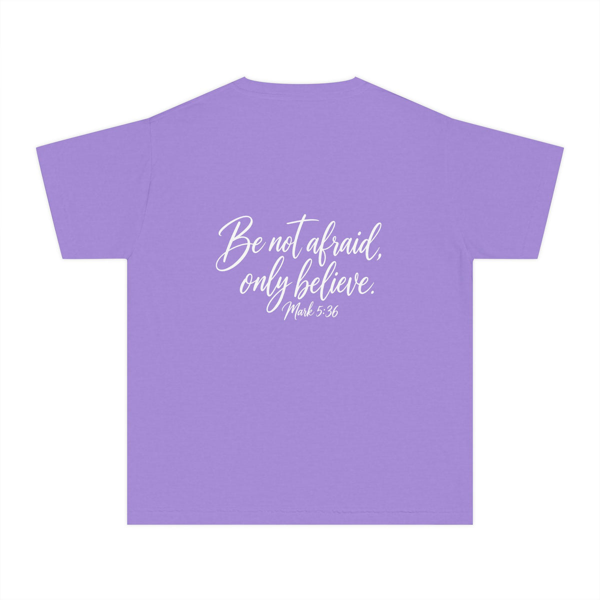 Faith Over Fear Youth Tee White lettering — Inspirational Christian Kids T‑Shirt (Be Not Afraid, Only Believe)