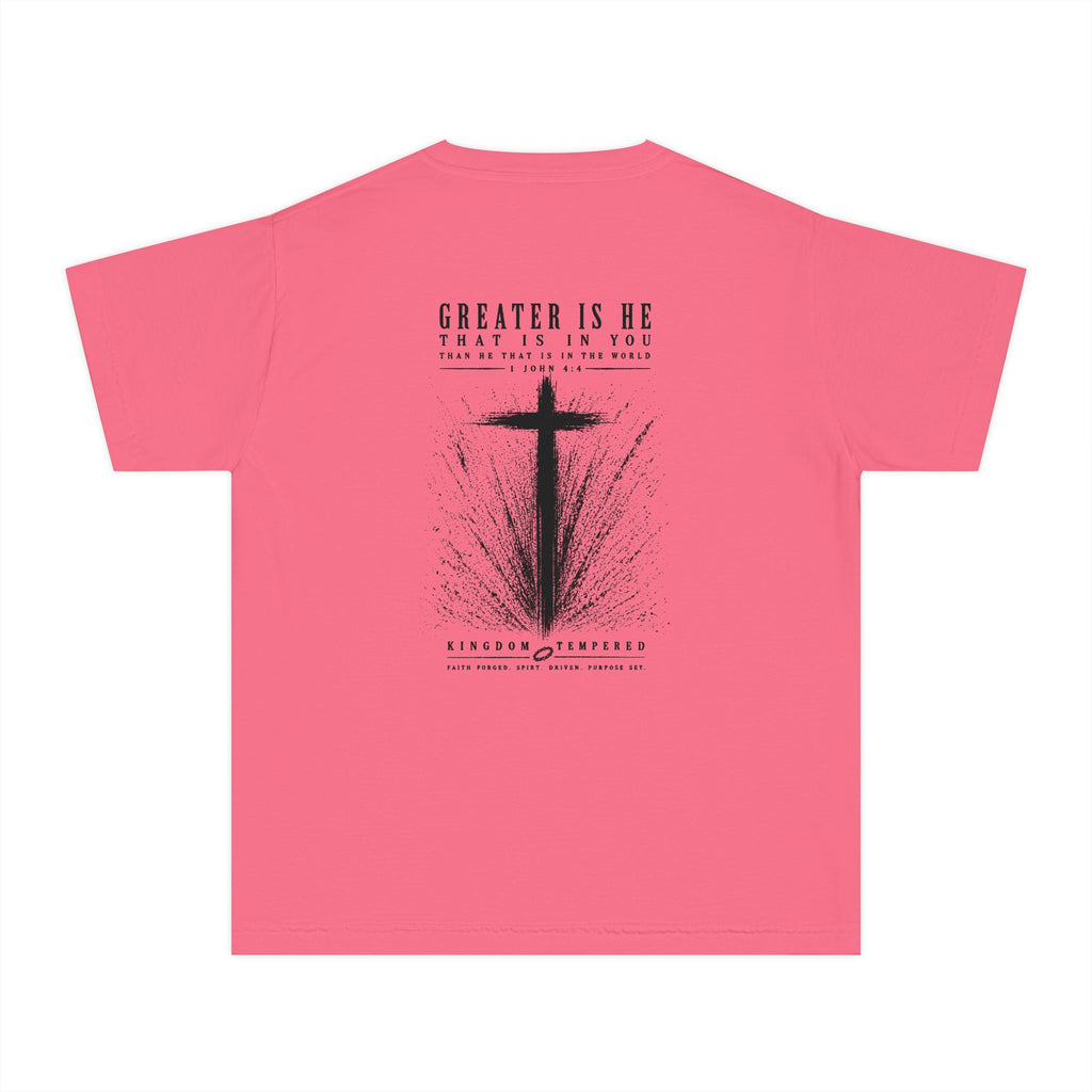 Youth Christian Cross Tee — "Greater Is He" Inspirational Church Shirt