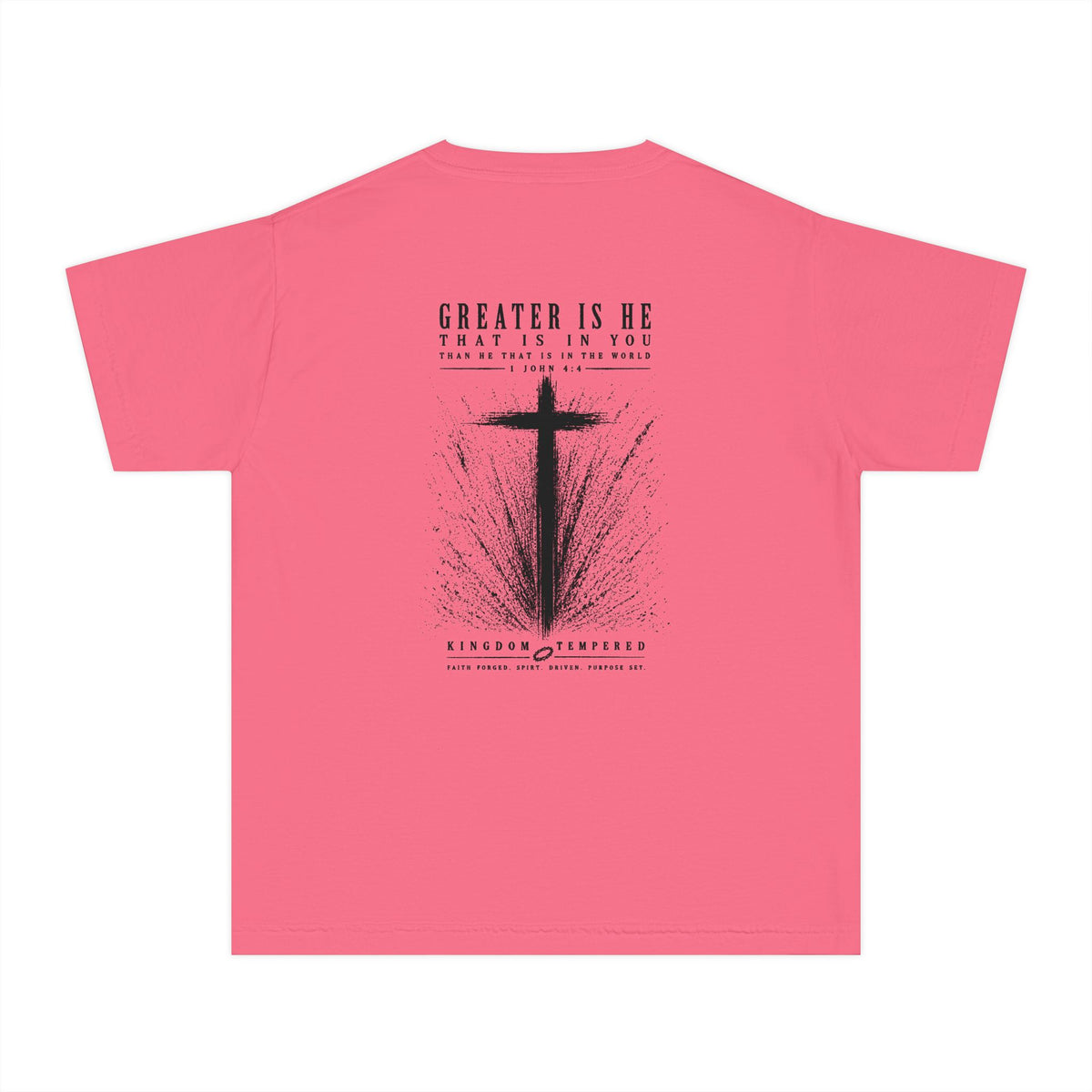 Youth Christian Cross Tee — "Greater Is He" Inspirational Church Shirt