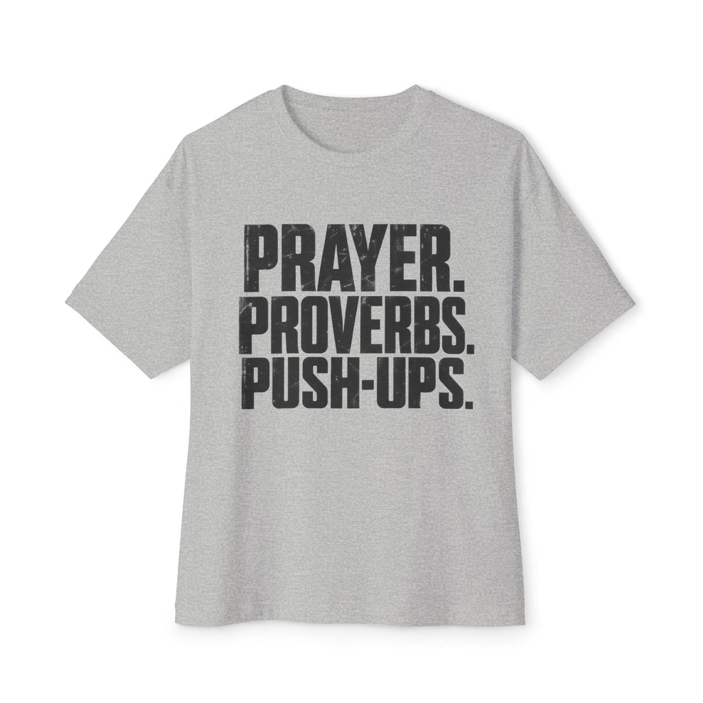 Prayer. Proverbs. Push-Ups. Oversized boxy Tee — Christian Faith & Fitness Graphic T-Shirt
