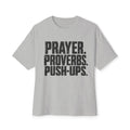 Prayer. Proverbs. Push-Ups. Oversized boxy Tee — Christian Faith & Fitness Graphic T-Shirt