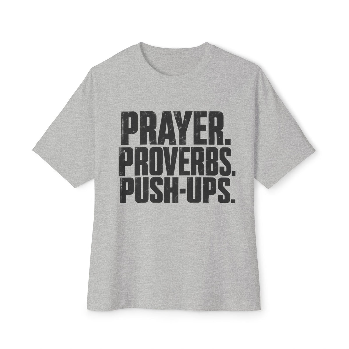Prayer. Proverbs. Push-Ups. Oversized boxy Tee — Christian Faith & Fitness Graphic T-Shirt