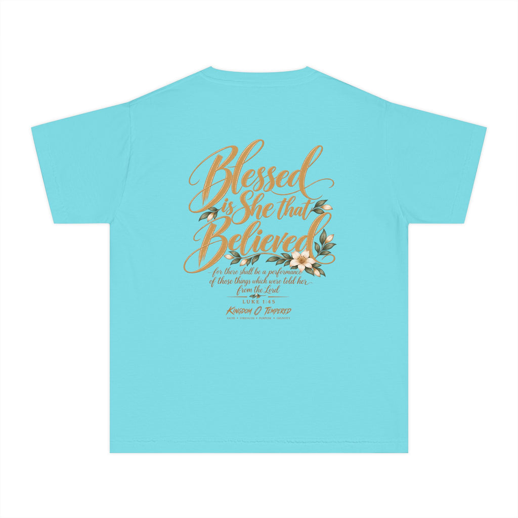 Youth Tee — "Blessed Is She That Believed" Inspirational Christian Kids Shirt