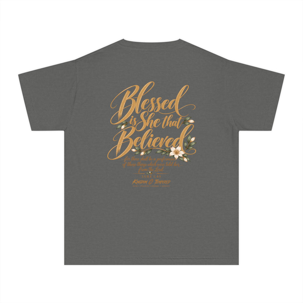Youth Tee — "Blessed Is She That Believed" Inspirational Christian Kids Shirt