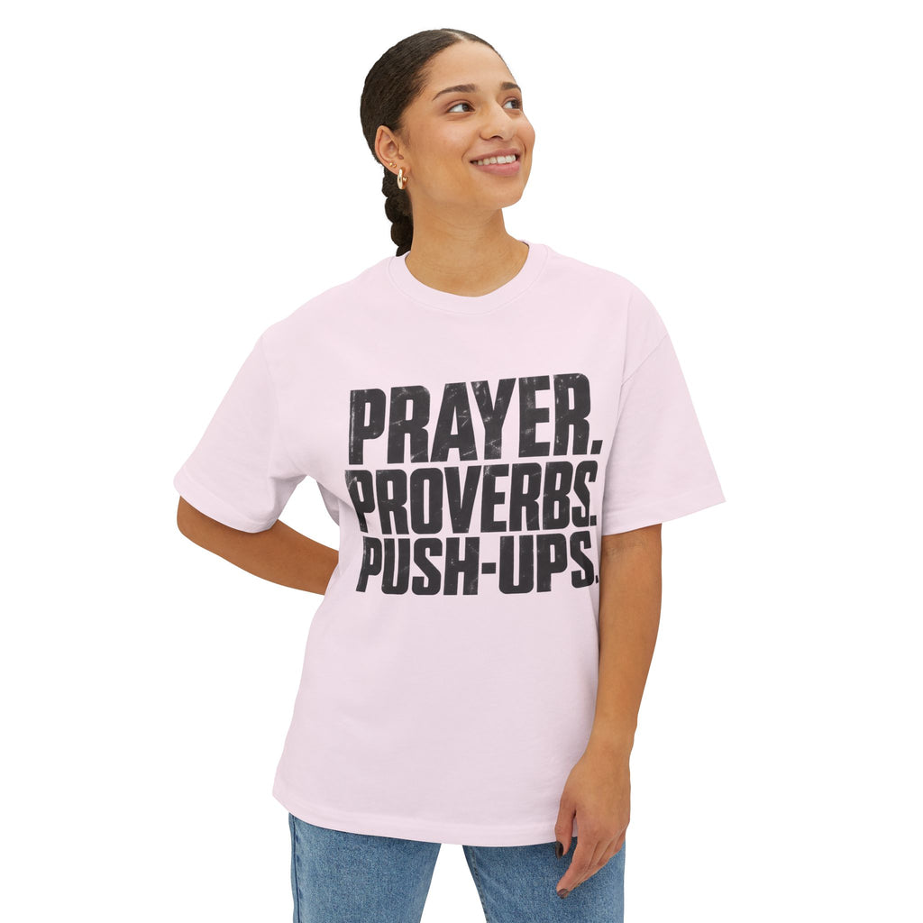 Prayer. Proverbs. Push-Ups. Oversized boxy Tee — Christian Faith & Fitness Graphic T-Shirt