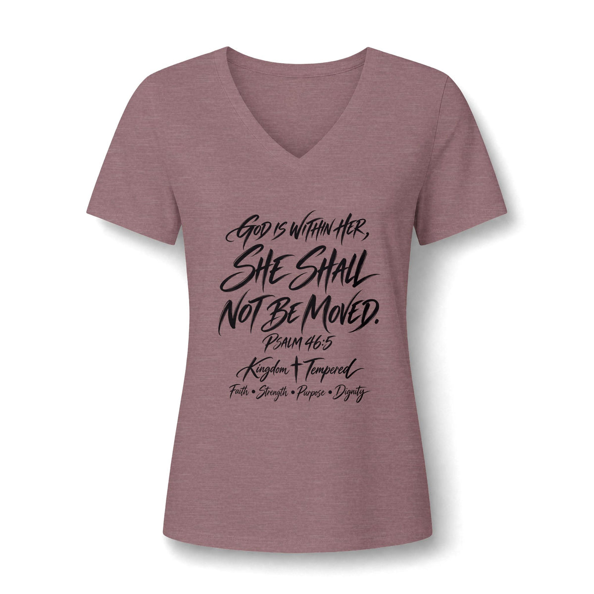 V-Neck Tee — "She Shall Not Be Moved" Inspirational Christian Scripture Shirt