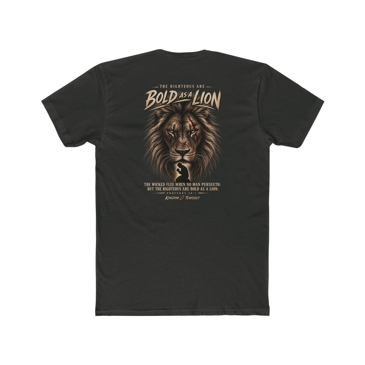Lion Graphic Tee — "Bold as a Lion" Inspirational Christian Tee (Kingdom-Tempered) — Proverbs 28:1