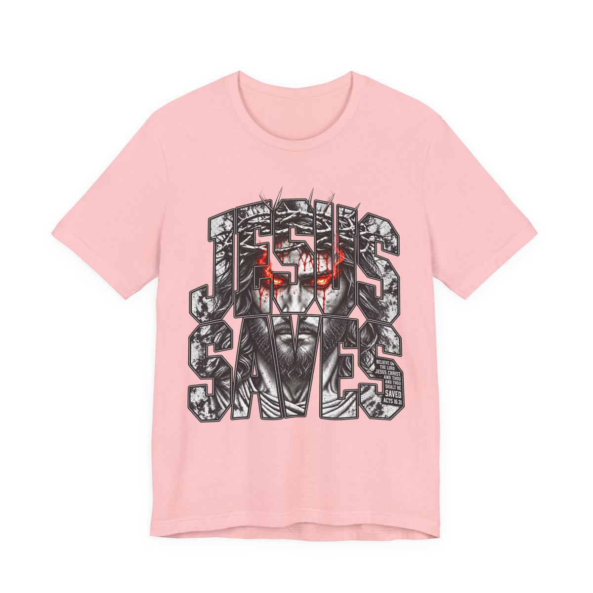 Jesus Saves Graphic Tee — Gothic Jesus Face Typography T-Shirt