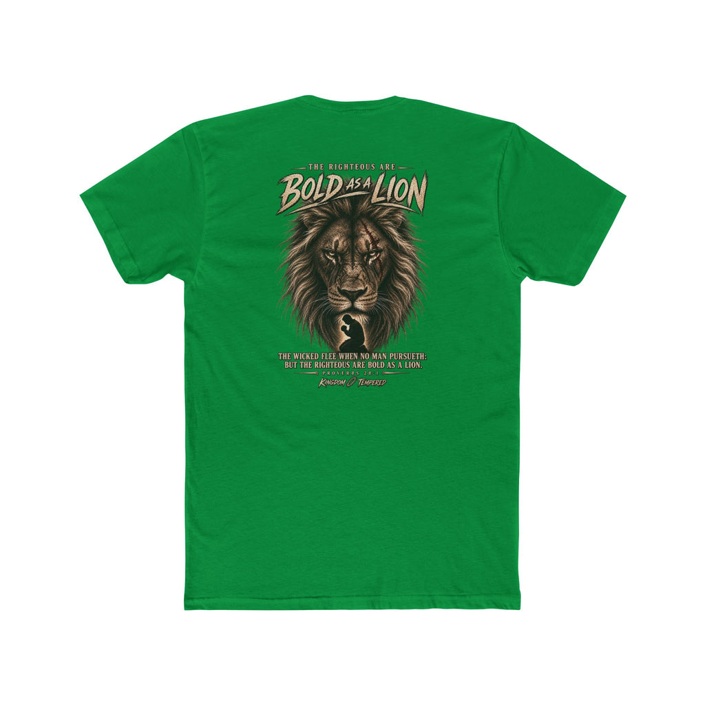 Lion Graphic Tee — "Bold as a Lion" Inspirational Christian Tee (Kingdom-Tempered) — Proverbs 28:1