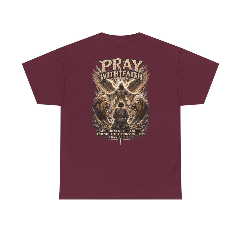 Pray With Faith Tee — Lion & Cross Christian Graphic T-Shirt