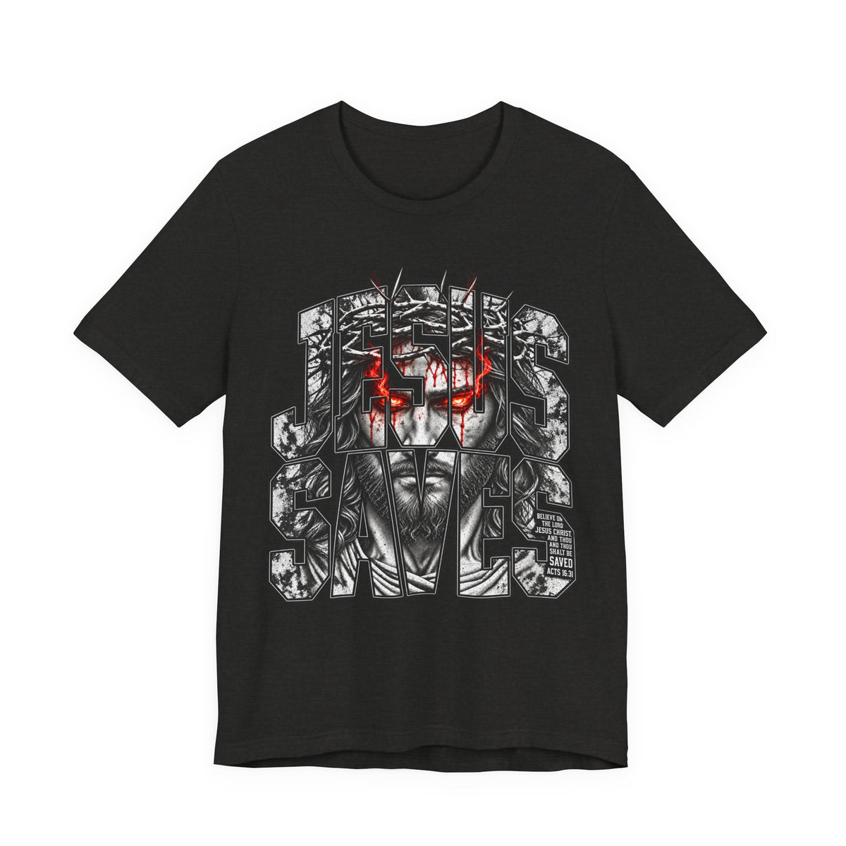Jesus Saves Graphic Tee — Gothic Jesus Face Typography T-Shirt
