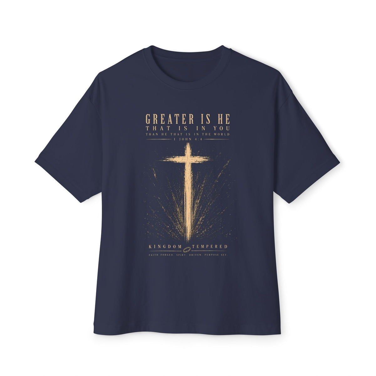 Christian Cross Tee — “Greater Is He” Inspirational Faith T-Shirt