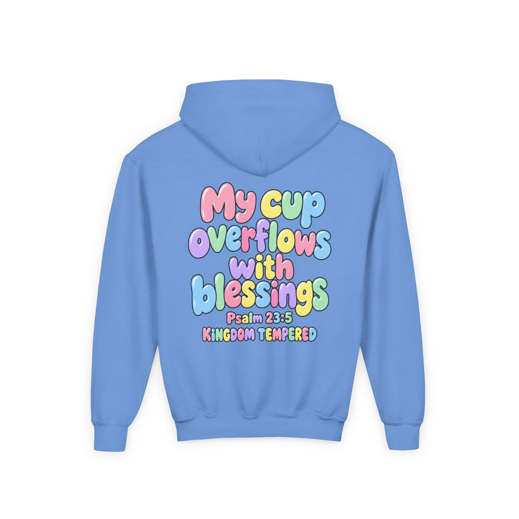 Youth Hoodie — "My Cup Overflows with Blessings" Pastel Christian Psalm 23:5 Design