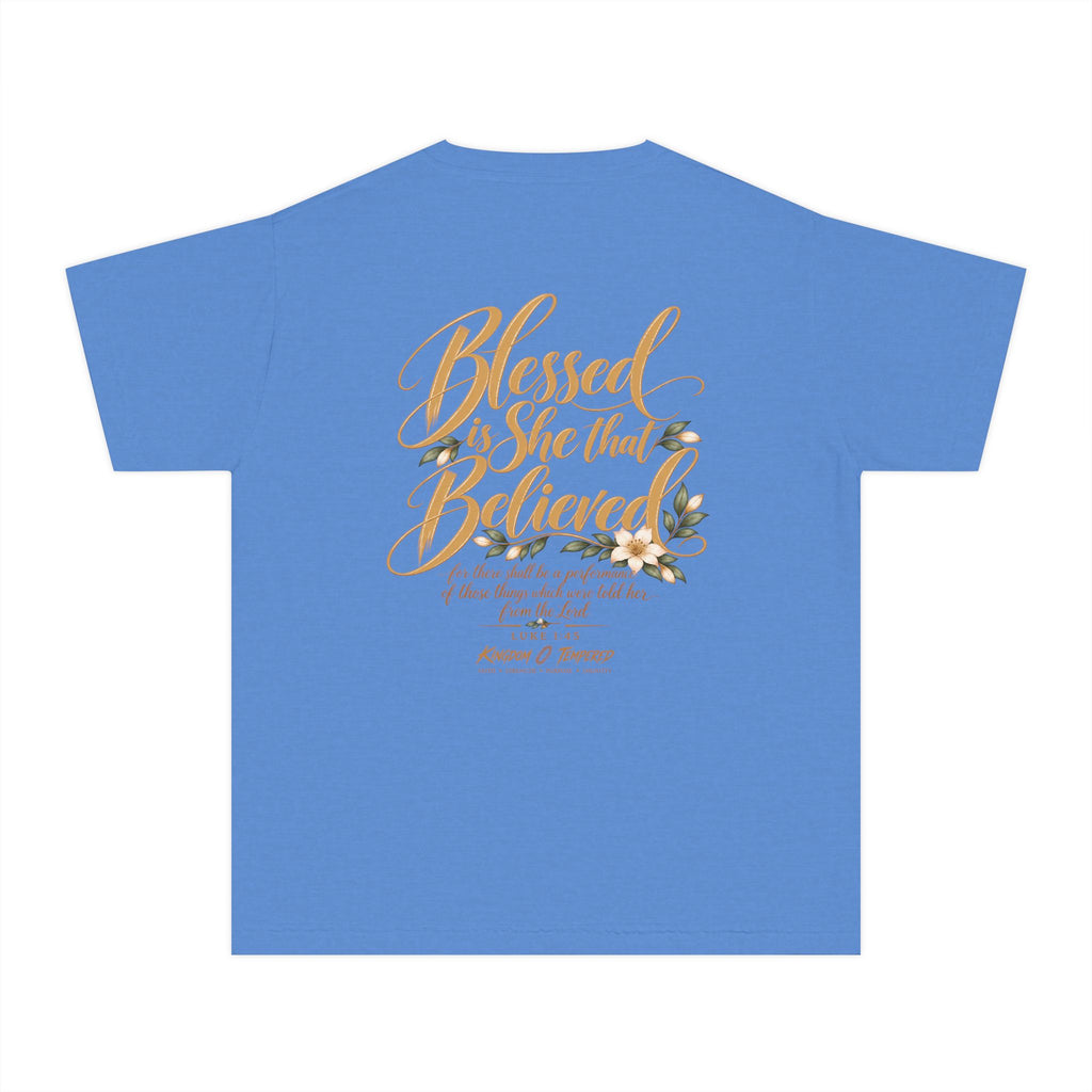 Youth Tee — "Blessed Is She That Believed" Inspirational Christian Kids Shirt