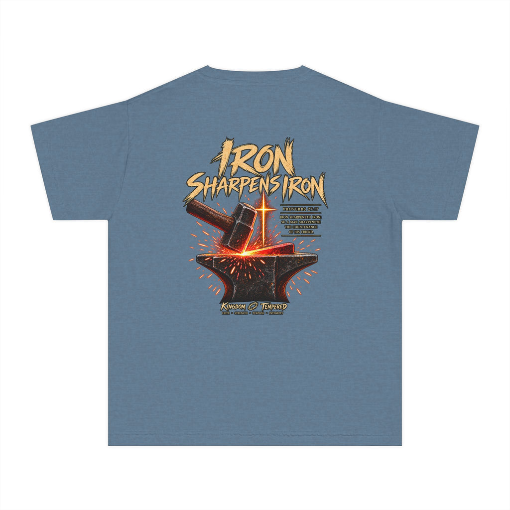 Youth Tee — "Iron Sharpens Iron" Christian Anvil Graphic Shirt