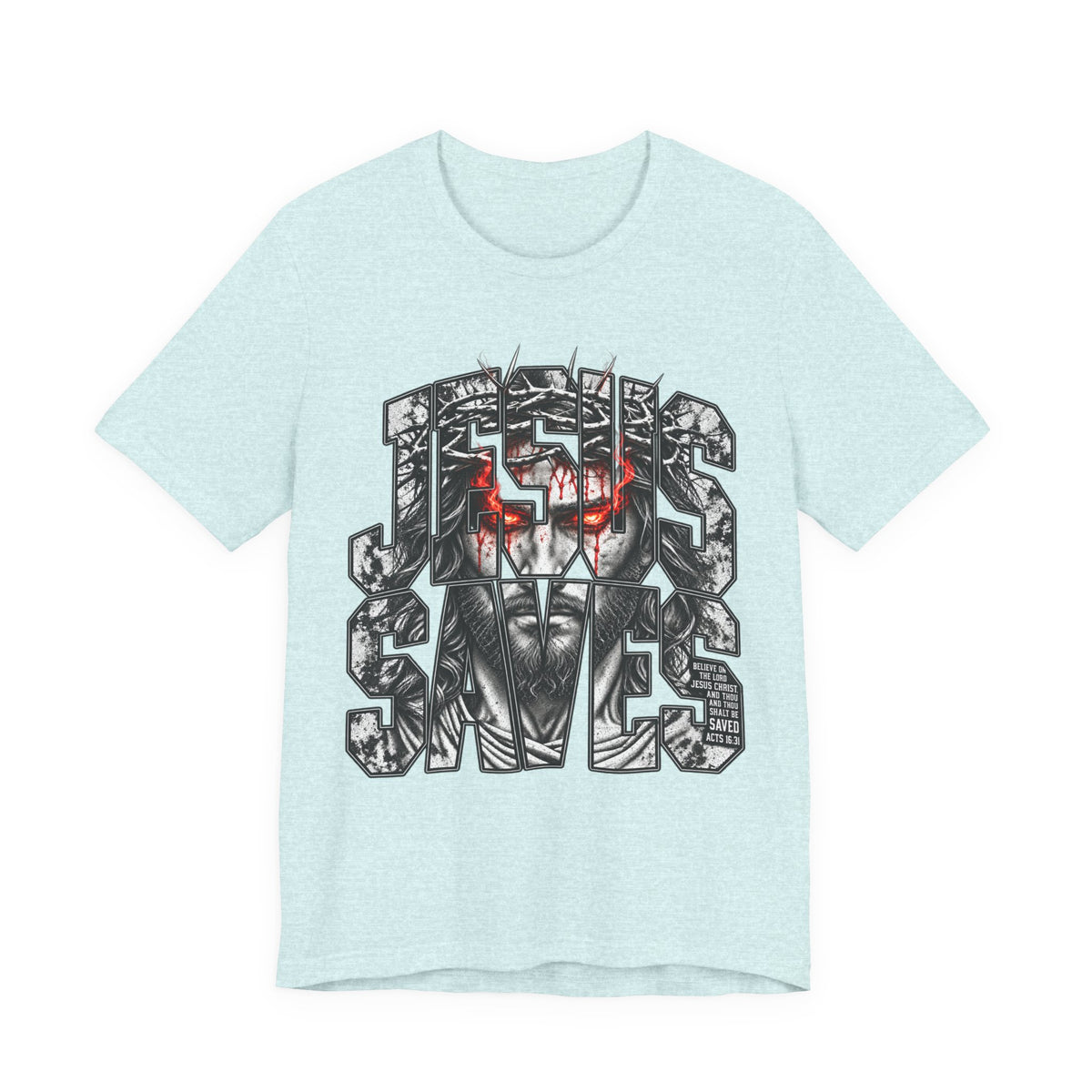 Jesus Saves Graphic Tee — Gothic Jesus Face Typography T-Shirt