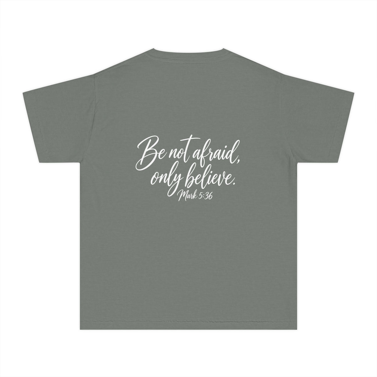 Faith Over Fear Youth Tee White lettering — Inspirational Christian Kids T‑Shirt (Be Not Afraid, Only Believe)
