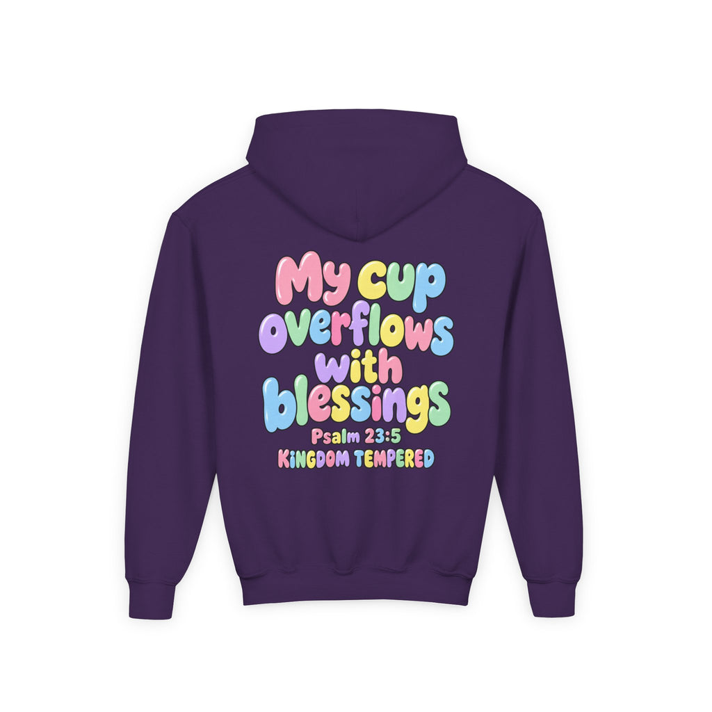 Youth Hoodie — "My Cup Overflows with Blessings" Pastel Christian Psalm 23:5 Design