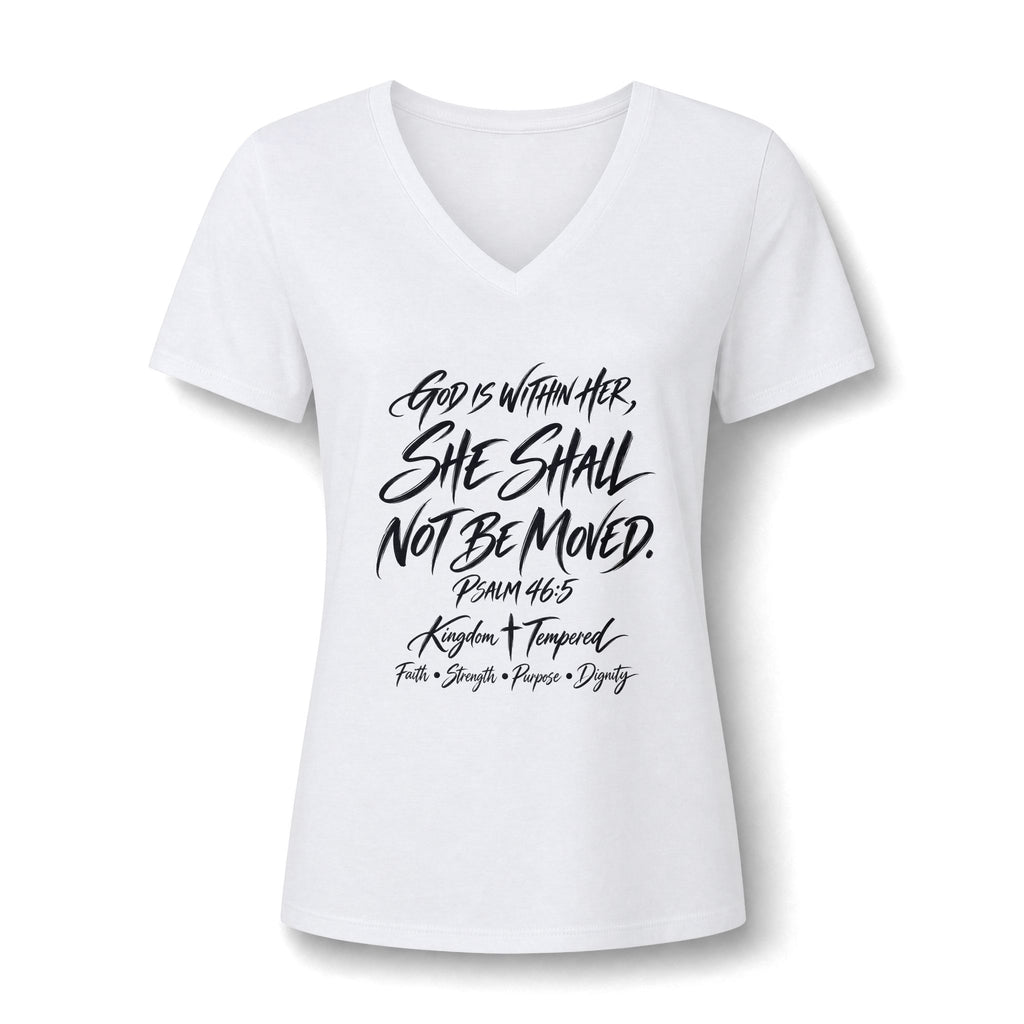 V-Neck Tee — "She Shall Not Be Moved" Inspirational Christian Scripture Shirt