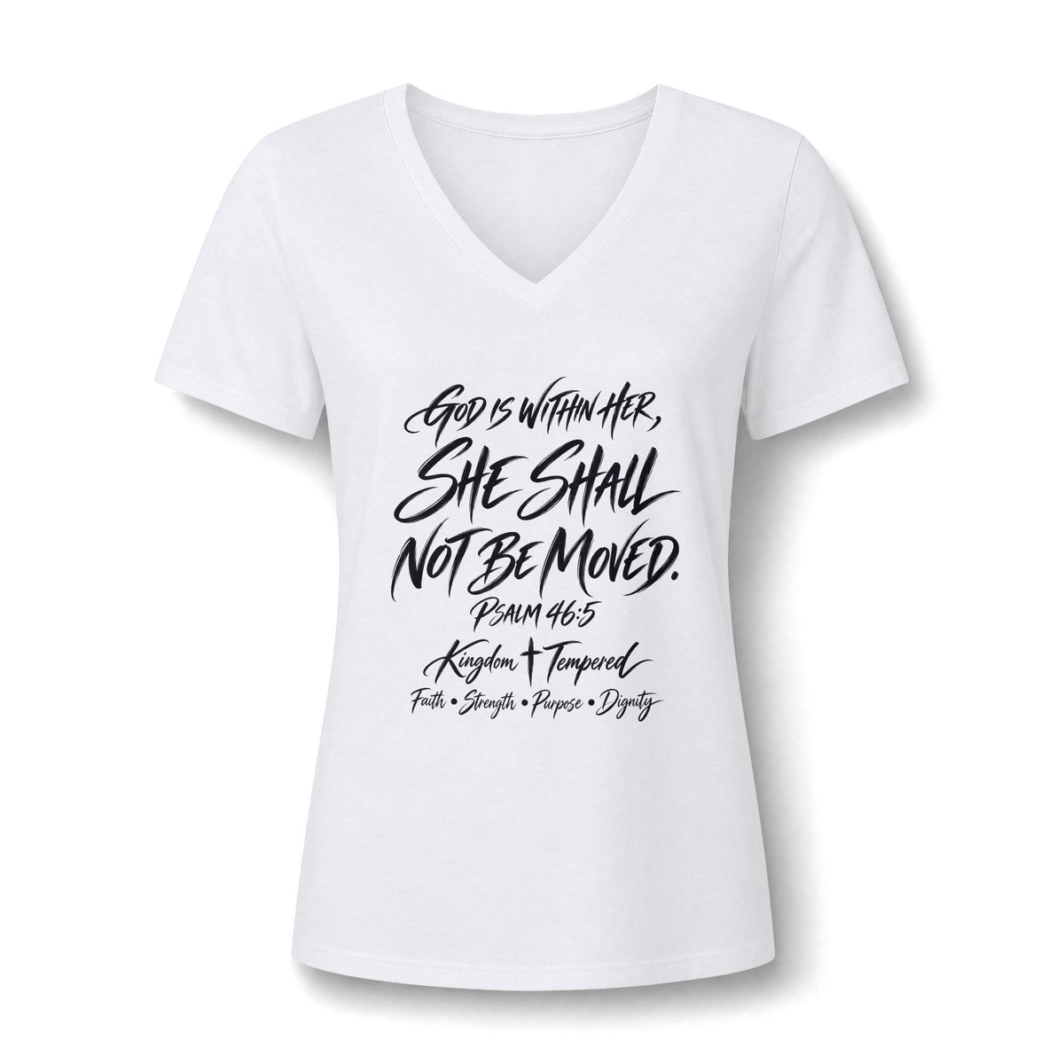 V-Neck Tee — "She Shall Not Be Moved" Inspirational Christian Scripture Shirt