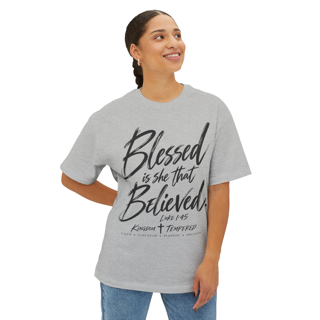 Blessed Is She That Believed Tee — Inspirational Christian Scripture Shirt (Luke 1:45)
