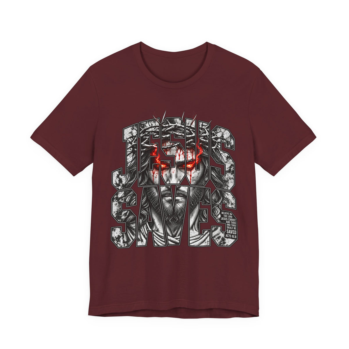 Jesus Saves Graphic Tee — Gothic Jesus Face Typography T-Shirt