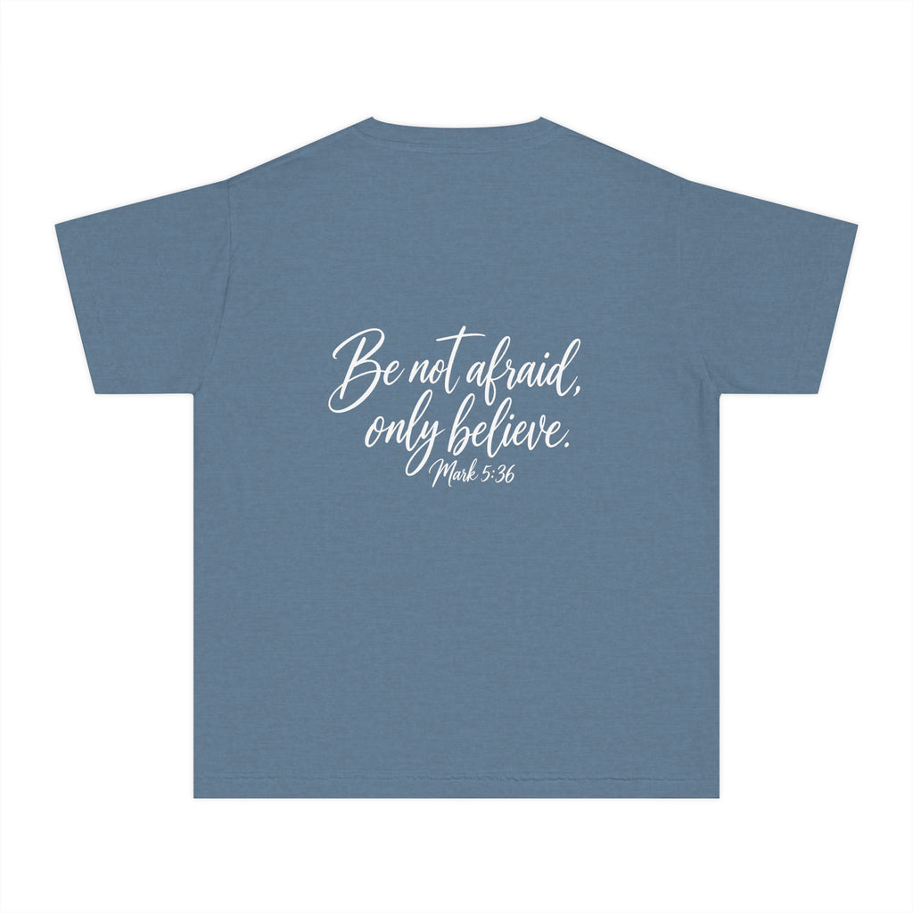 Faith Over Fear Youth Tee White lettering — Inspirational Christian Kids T‑Shirt (Be Not Afraid, Only Believe)