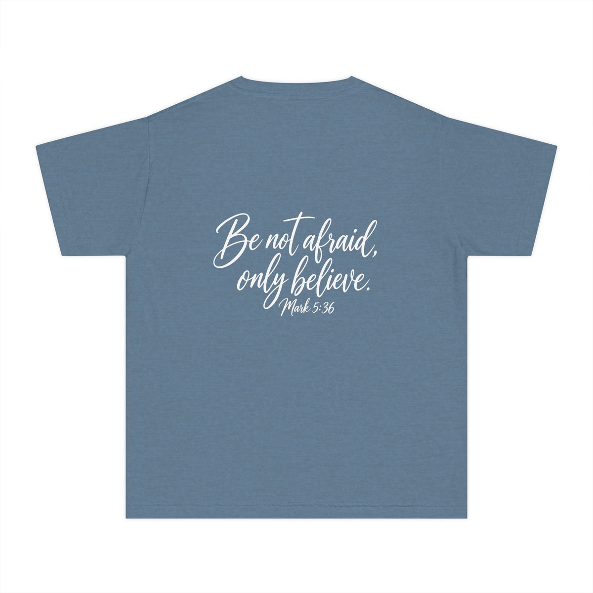 Faith Over Fear Youth Tee White lettering — Inspirational Christian Kids T‑Shirt (Be Not Afraid, Only Believe)